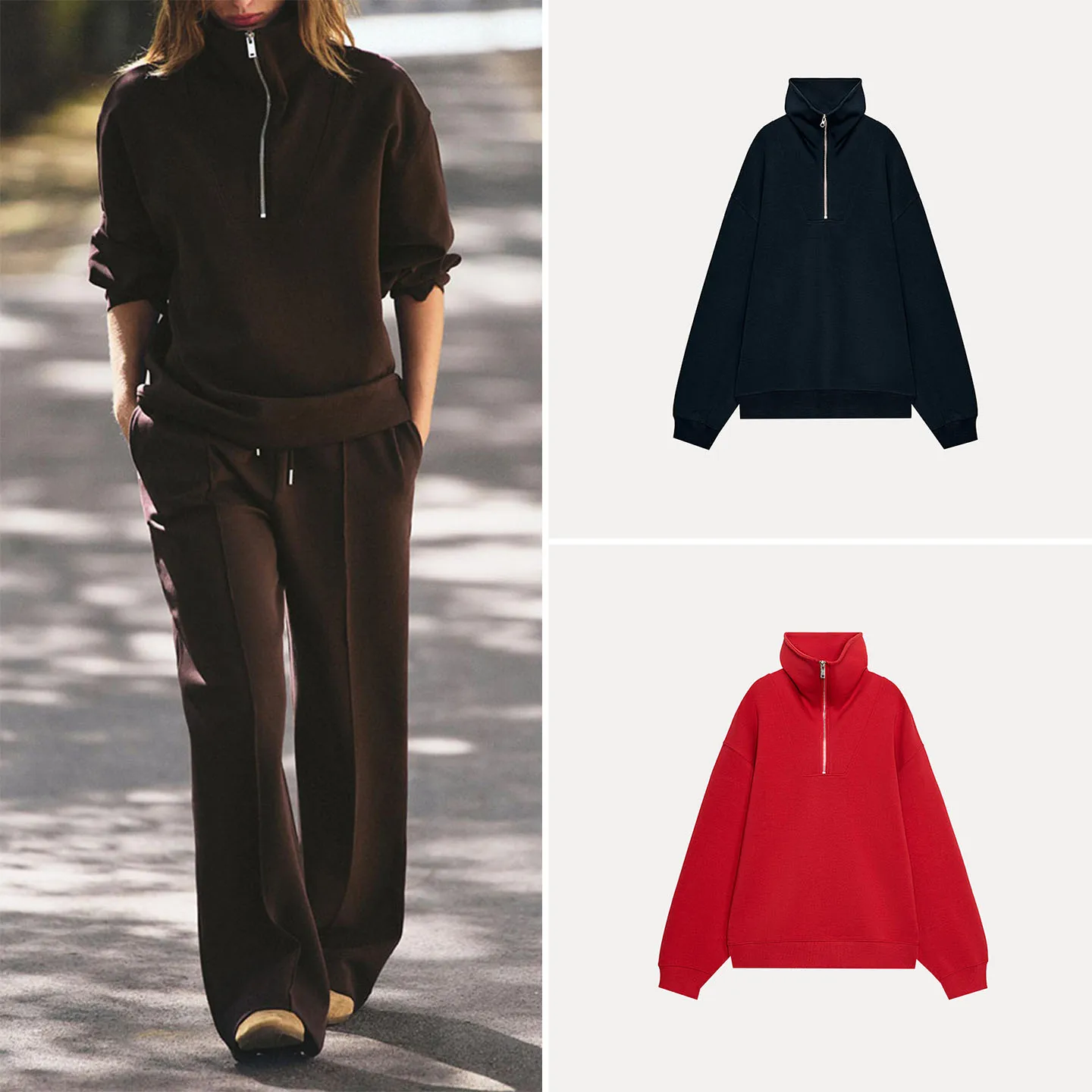 Women's Long Sleeve Collared Sweatshirt Multi-Color Elastic Waist Wide Leg Pants Two Piece Set Fashionable Casual Outfit