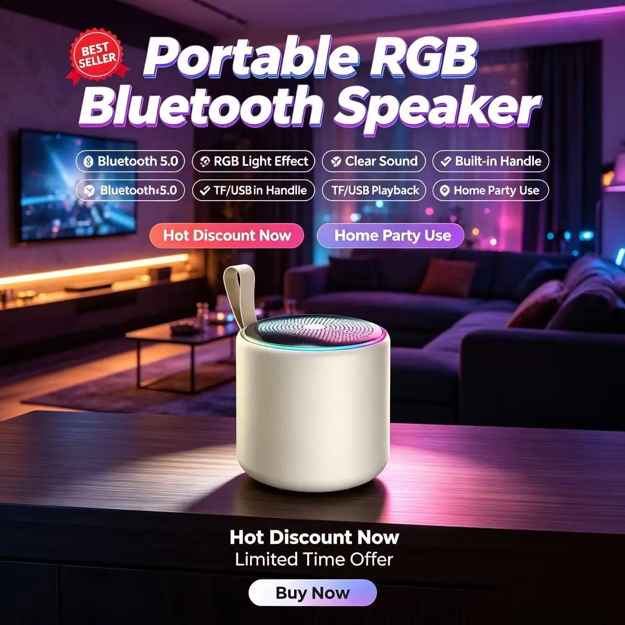 Wireless Speaker Portable Bluetooth 5.3 RGB Light Music Player Long Play TWS Connectivity Mic Subwoofer Mini Outdoor Bass Sound