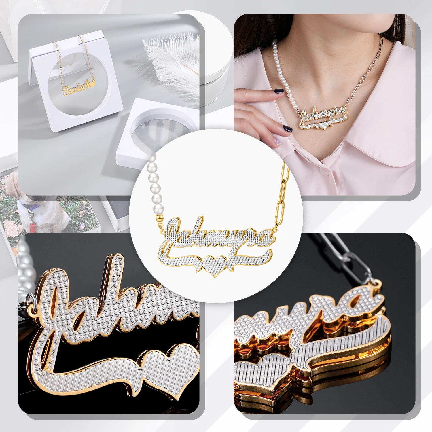 Double Plate Personalized Name Necklace With Heart Two Tone 18K Gold-Plated Custom Nameplate Necklaces Pearl Chain Women Jewelry