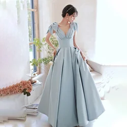 It's Yiiya Deep V-Neck Evening Dress Blue Bow Lace Up Floor Length Short Sleeves A-Line Plus size Woman Formal Party Gowns XC068