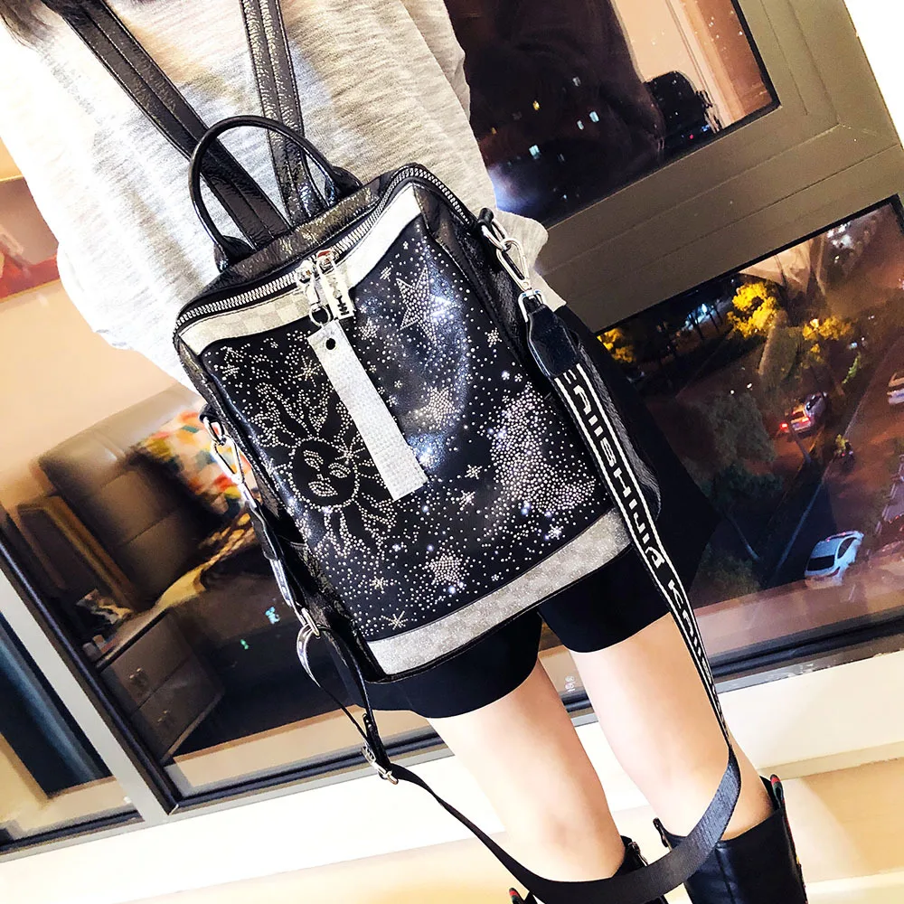 Fashion Rhinestone Backpack Soft Leather School Bag Large Capacity Women Travel Backpack Top Quality Anti-Theft Rucksack Mochila