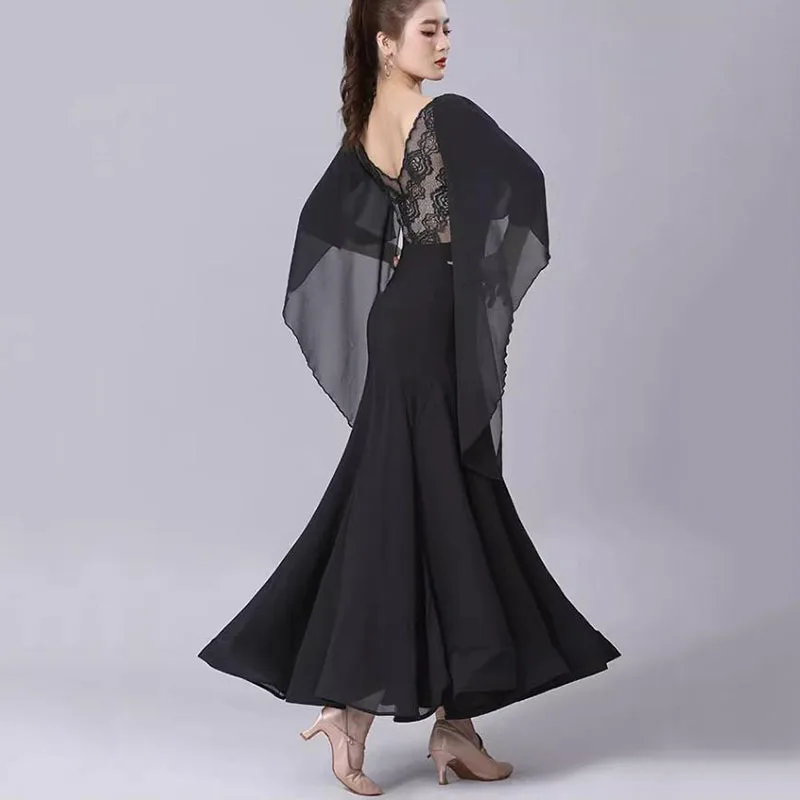 2023 New High-End Temperament Ballroom Long Dress Black Waltz Performance Clothes International Standard Modern Big Swing Dress