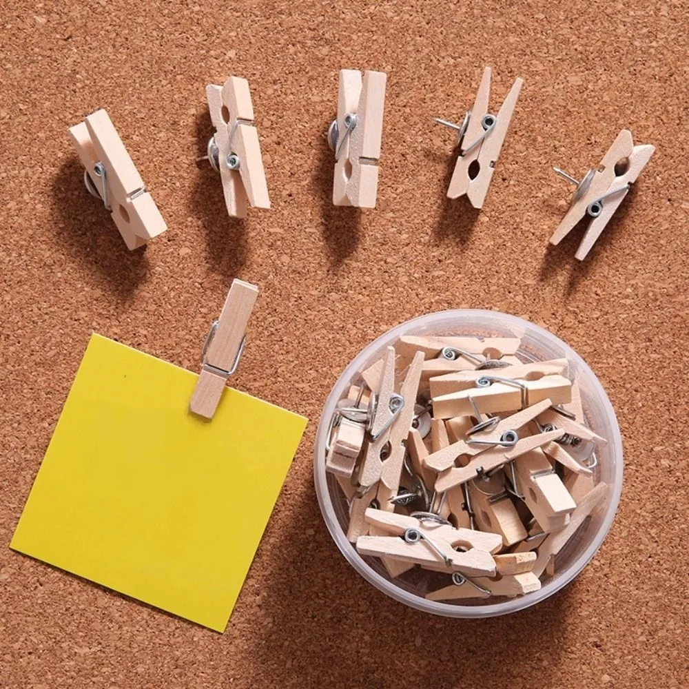20Pcs/Box Creative Wooden Clip Push Pins DIY Reusable Pushpins with Clips Durable with Box Decorative Studs Wall Markers