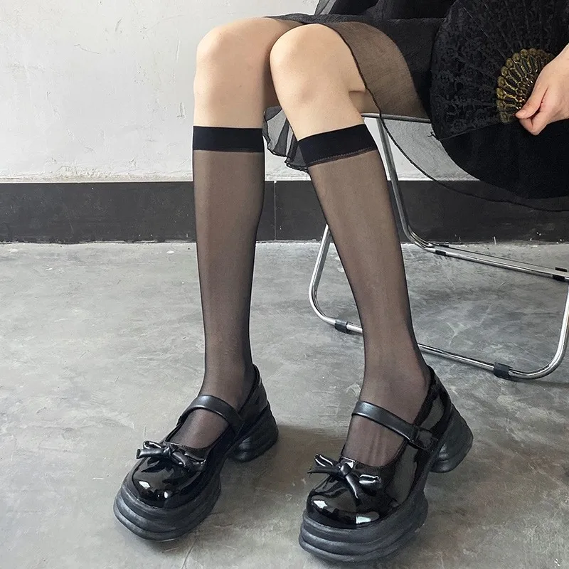 

Black Nylon Mesh Stockings Summer Ultra-thin Transparent Knee High Socks Japanese Style School Girls Black White Socks Stockings