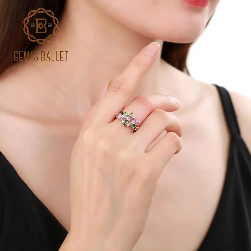 GEM'S BALLET Natural Multicolor Tourmaline Flower Ring Real 925 Sterling Silver Gemstone Rings For Women Fine Jewelry