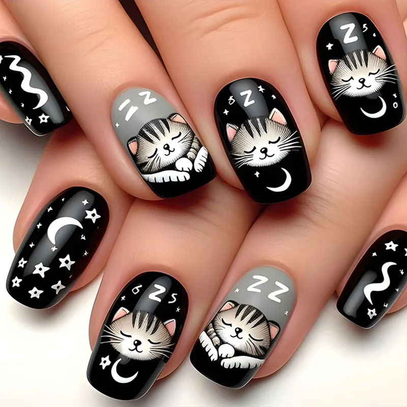 

24Pcs Medium Square Press on Nails - Black Kitten Sleeping under White Moon & Stars | Night Sky Theme Fake Nails