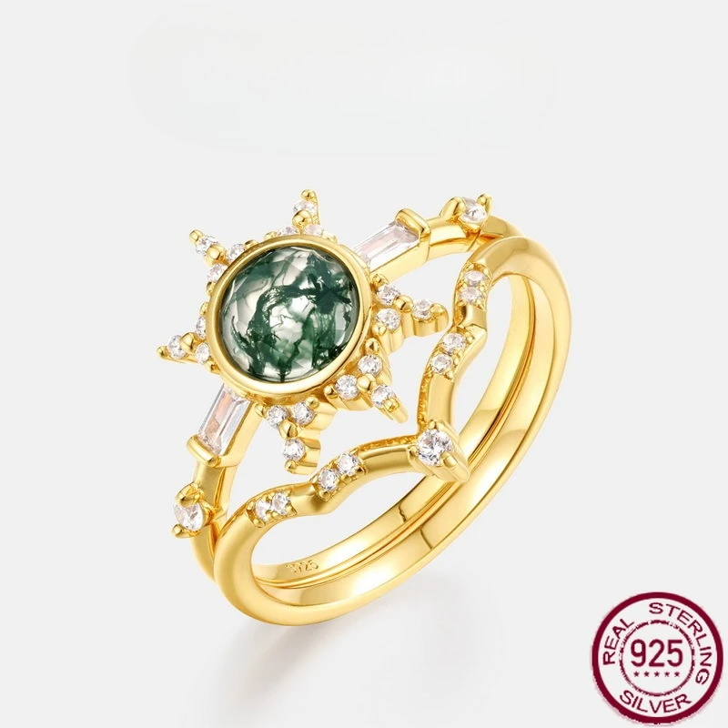 

New S925 pure silver light luxury exquisite water grass agate inlaid with natural green moss stone personalized wedding jewelry