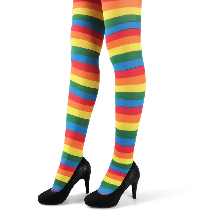 Rainbow Striped Tights For Women Dance Party Festival Pantyhose Female High Elastic Long Socks Colorful Comfort Knee Stockings