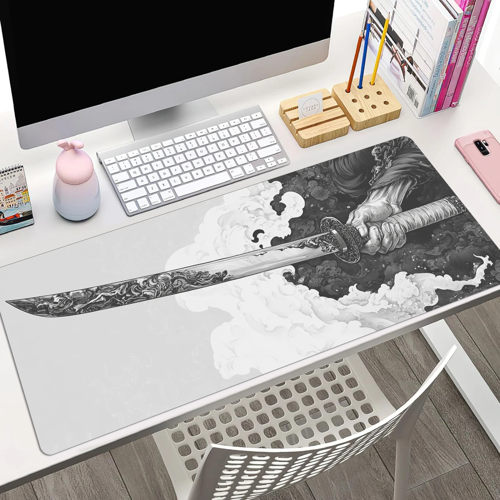 Black And White Comic Wind Sword Model Keyboard Mouse Pad Desk Mat, 3D Gaming Mouse Pad with Non-Slip Rubber Base Stitched Edges