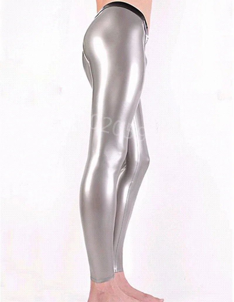 

Fashion Silver Latex Pants with Detachable Crotch Piece Front Sexy Rubber Trousers for Men