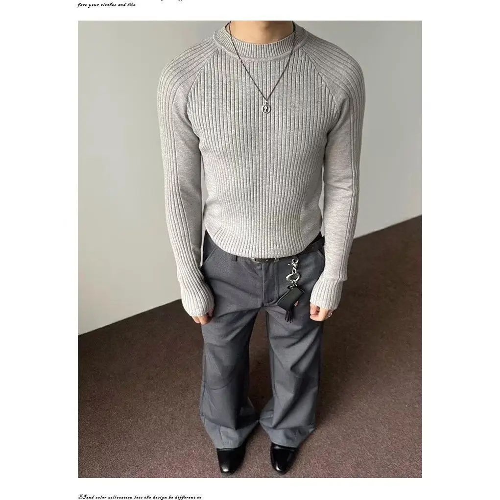 قميص رجالي أنيق بياقة مستديرة وقصة ضيقة، ملابس محبوكة عصرية للخريف والشتاء، قميص أساسي جديد لعام 2024 يبرز شكل الجسم