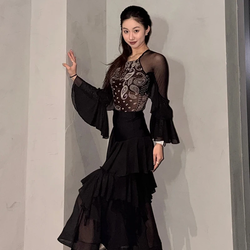 Vestido de baile de salón para mujer, traje de baile estándar moderno, ropa de entrenamiento de gasa, falda de práctica negra, Ropa de baile de salón 4910