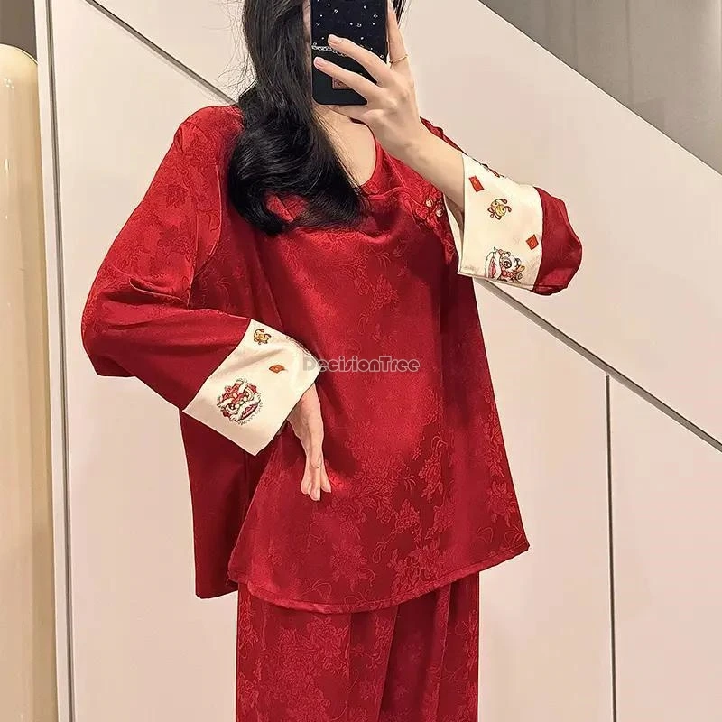 

2025 new chinese ancient style hanfu pajamas long sleeve round collar women loose jacquard ice silk retro home wear for summer