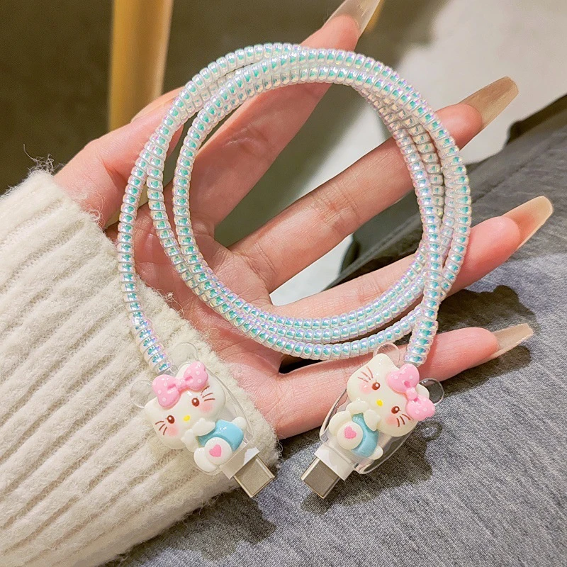 かわいいハローキティ充電器データケーブルケース電話用 20 ワット充電器ケース保護カバー巻線キットアンチブレイク保護