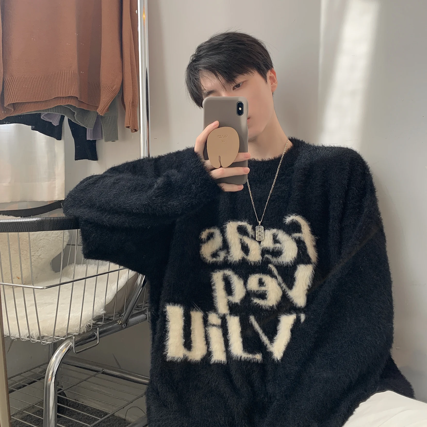 

Thiened Winter round Ne Sweater for Men Warm Knitted Woolen Top with Letter Towel Embroidery Trendy Casual Long Sve irt