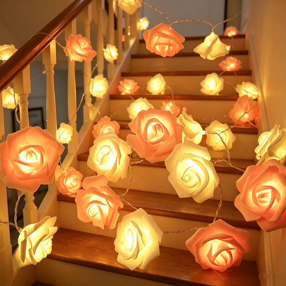 

20LEDs Festoon Rose Flower Wedding Fairy String Light Battery Garland Lights for Party Mother's Day Home Bedroom Decoration