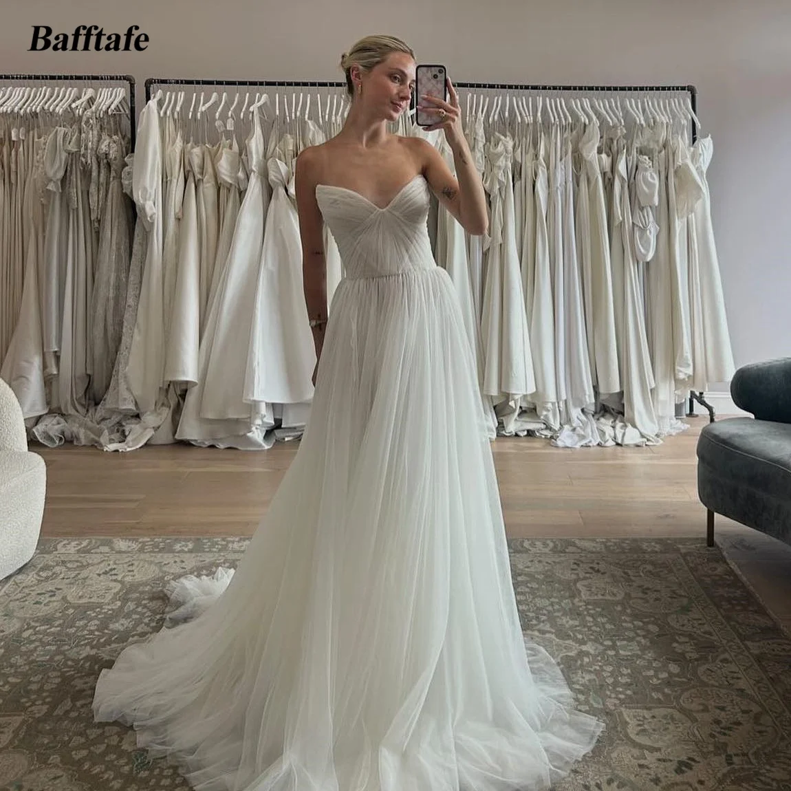 Bafftafe Simple A Line Tulle Wedding Dresses Boho Sleeveless Pleated Wedding Party Bridal Gowns Women Formal Prom Dress 2023