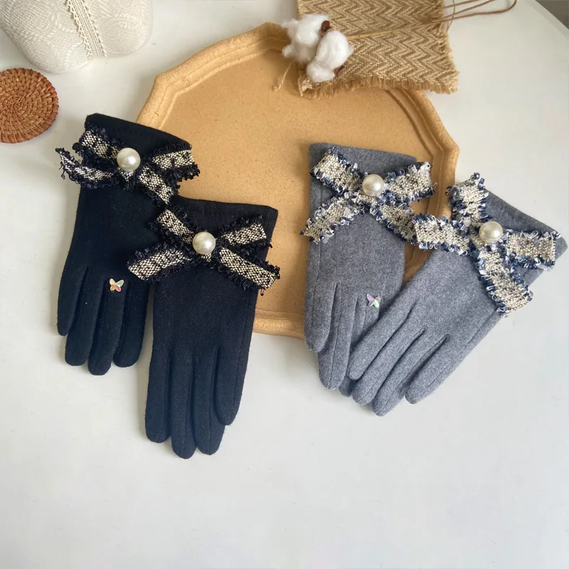 

Women's Autumn Winter Bow Thicken Warm Vintage Woolen Gloves Lady's Winter Riding Driving Party Glove R1998