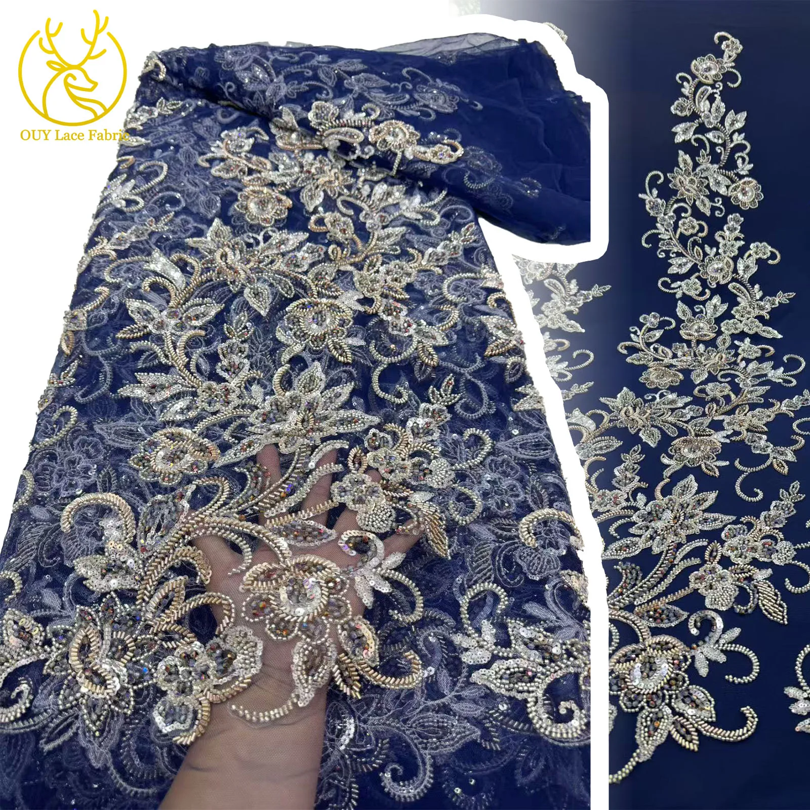 

Luxury African Sequins Beaded Lace Fabric 2025 High Grade French Groom Tulle Embroidered Lace Fabric Nigeria Evening Gowns