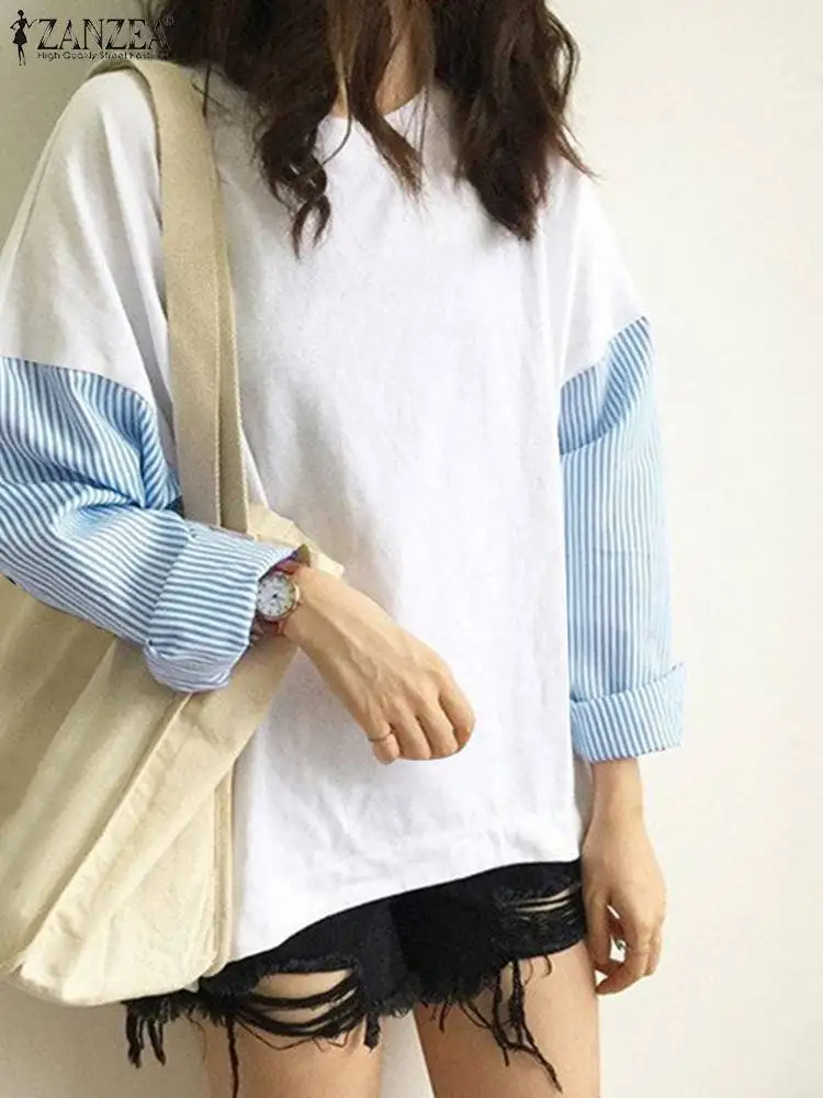 ZANZEA 2023 Cotton Patchwork Women Long Sleeve Sweatshirts Autumn Round Neck Pullover Casual Loose Blouse Korean Tops Oversize