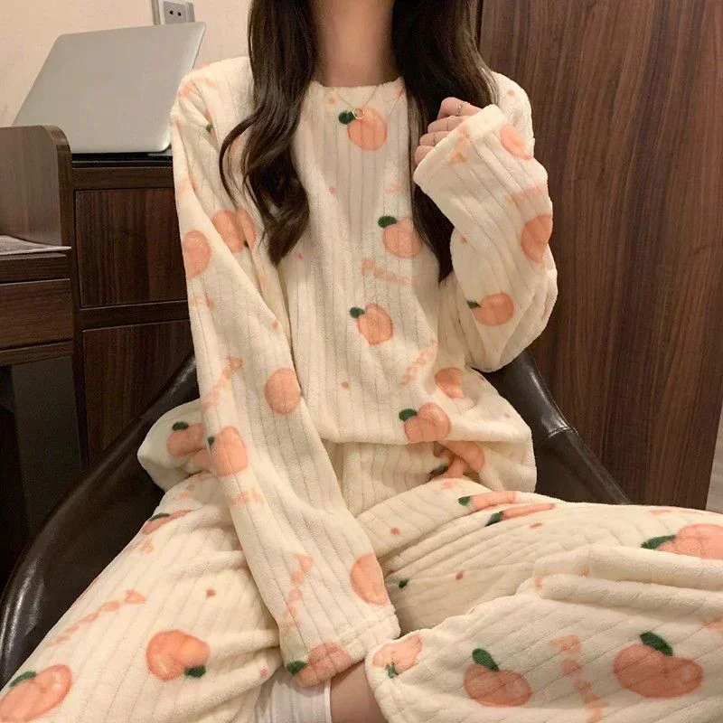 Women Pajama Sets Cute Peach Printed Suit Pullovers And Pants Warm Sets Thicken Fleece 2 Pieces Sets Women 2024 Autumn Winter