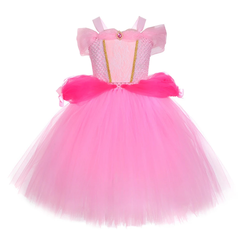 Pink Sleeping Beauty Aurora Costumes for Girls Christmas Halloween Lined Dresses Princess Birthday Outfit Kids Fancy Clothes