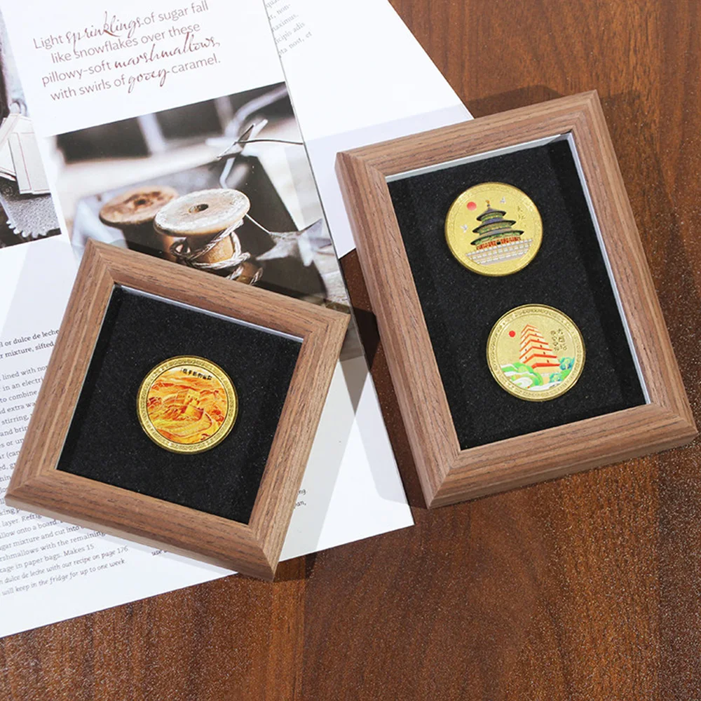 Exquisite Walnut Commemorative Coin Storage Box, Dustproof Wooden Display Case, Collection Box for Coins Badges Pins