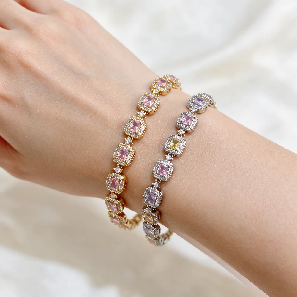 Greatera Marken-Armband für Damen aus Kupfer, zierliche, bunte Zirkon-Handkette, Party-Luxus, romantischer, wasserdichter Schmuck – Detail 6