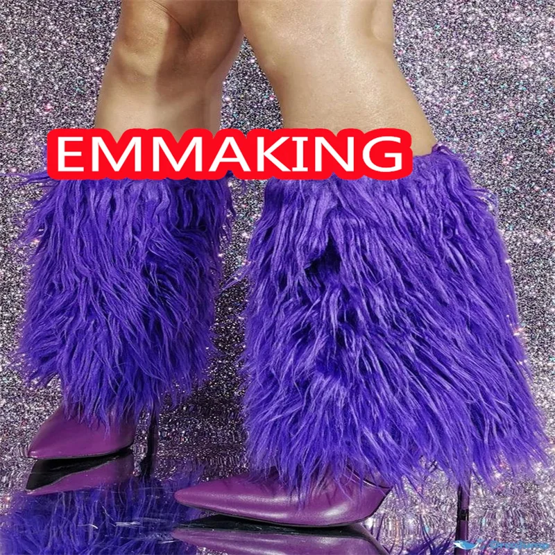 الأرجواني طويل ريشة أشار تو حذاء من الجلد 2024 موضة مثير المدرج رقيقة كعب الشتاء أحذية النساء أحذية الشتاء الجديدة حجم 44