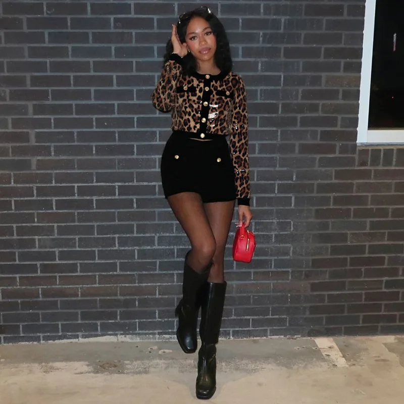 

Sequin Tops Elegant 2 Piece Pant Set Outfits Autumn Winter Women Classic Luxury Clothes Sexy Leopard Two Piece Set Shorts Pant