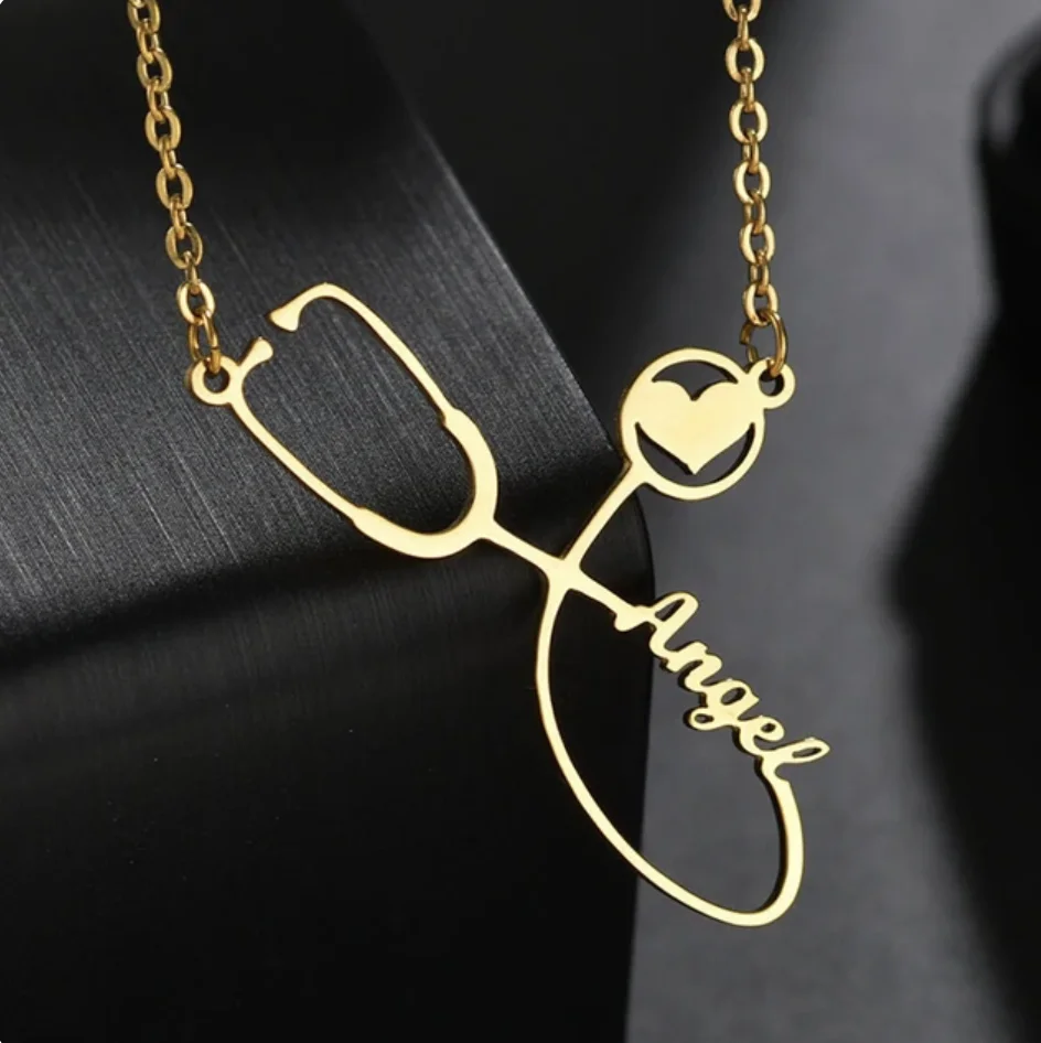 Punk Personalized Stethoscope Heart Pendant Customized Name Necklace For Women Clavicle Chain Nameplate Jewelry Birthday Gift