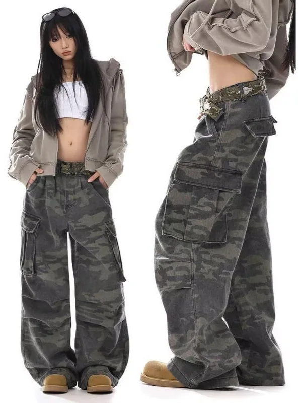 Jeans Camuflados Retrô Americanos de Rua, Lavados, Perna Larga, Corte Reto e Solto, Bolsos Grandes, Casuais, Longos, Streetwear para Homens e Mulheres