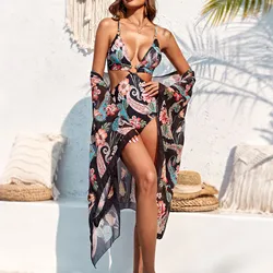 2024 Chic Tropical Print Cut Out Halter One Piece Swimusit With Beach Skirt Bikini Swimwear Women Bathing Suit Swimming Biquini