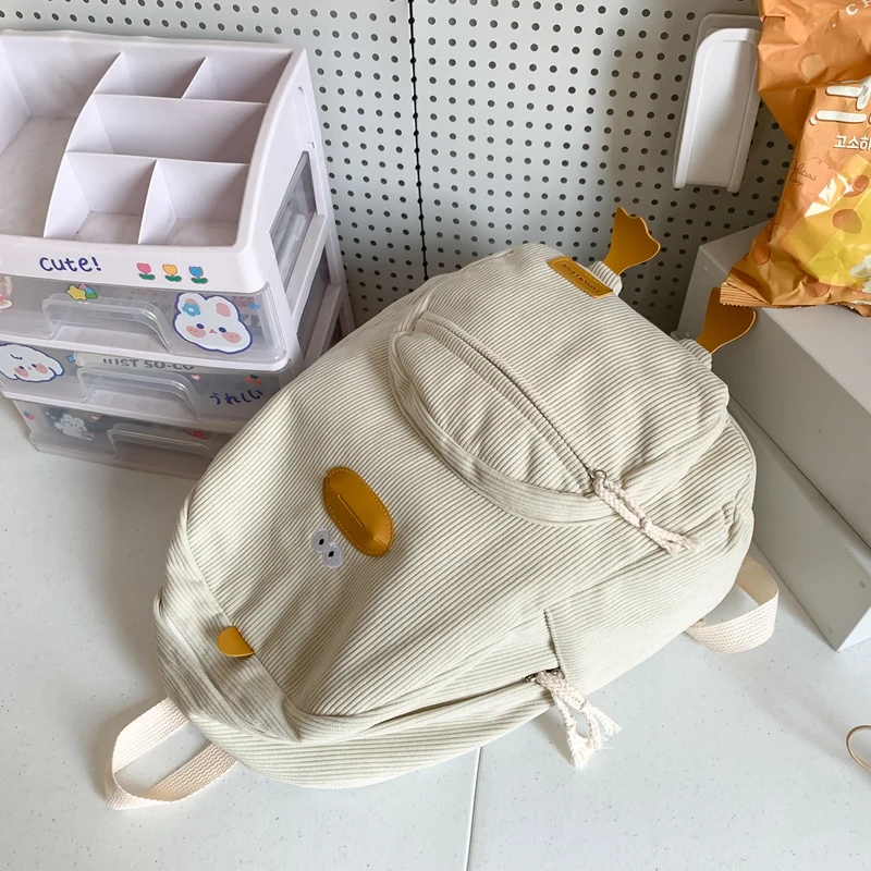 Cartoon Duck Backpack Kawaii Aesthetic Backpack Corduroy School Backpack Travel Daypack for Teen Girls Women