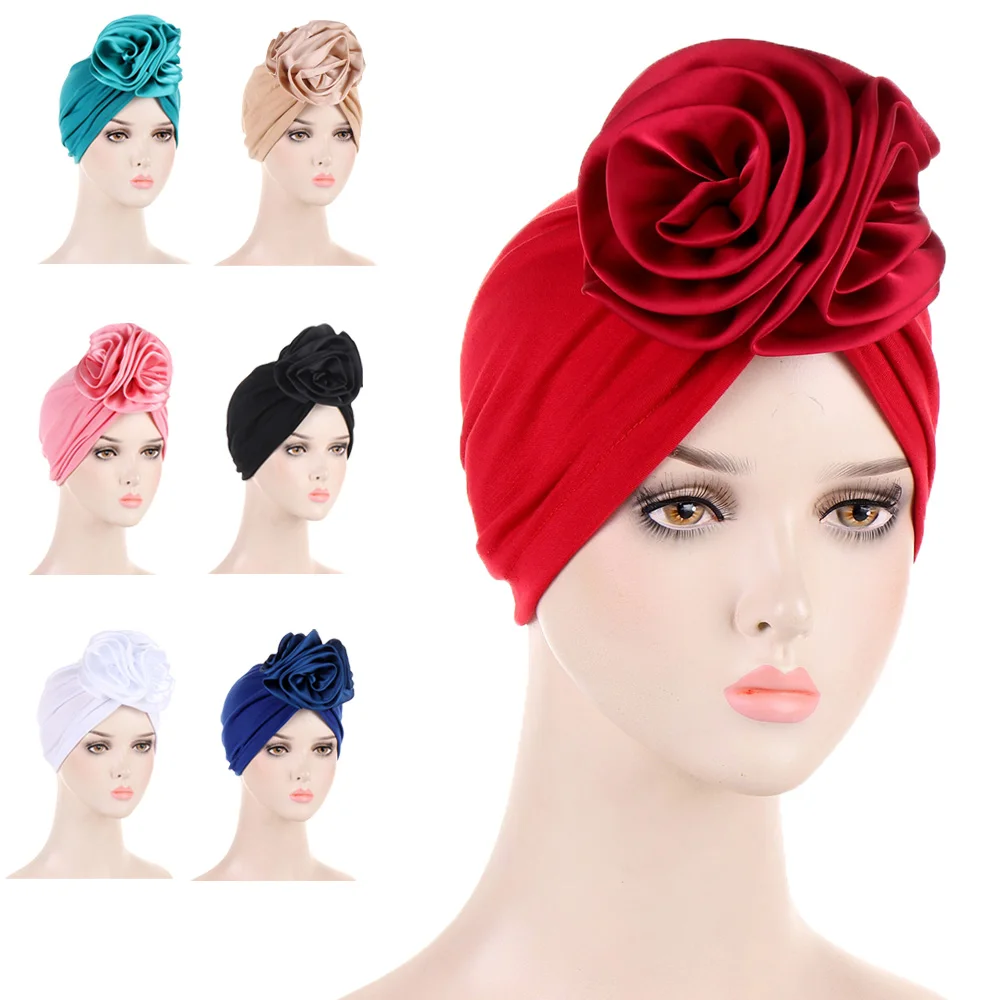 

Big Flower Satin Women Muslim Hijab Chemo Cap Cancer Sleep Night Hat Bonnet Hair Loss Turban Headwear Wrap Cover Beanies Bandana