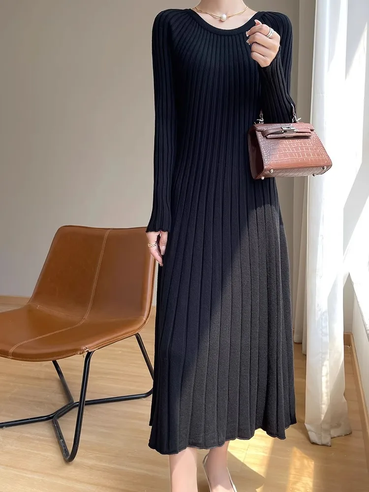 Longo sve malha dr feminino outono inverno novo sle ele cintura cinched camada base redonda ne camisola dr para casaco