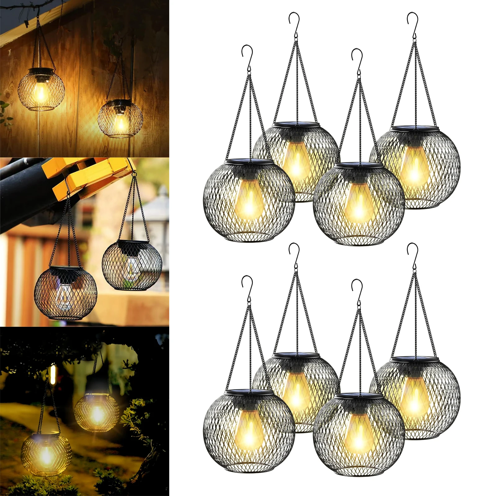 Solar Powered Thickened Wrought Iron Rustic Lattice Mesh Pendant Light Outdoor Garden Backyard Dimmable LED Hanging Decor Lamp