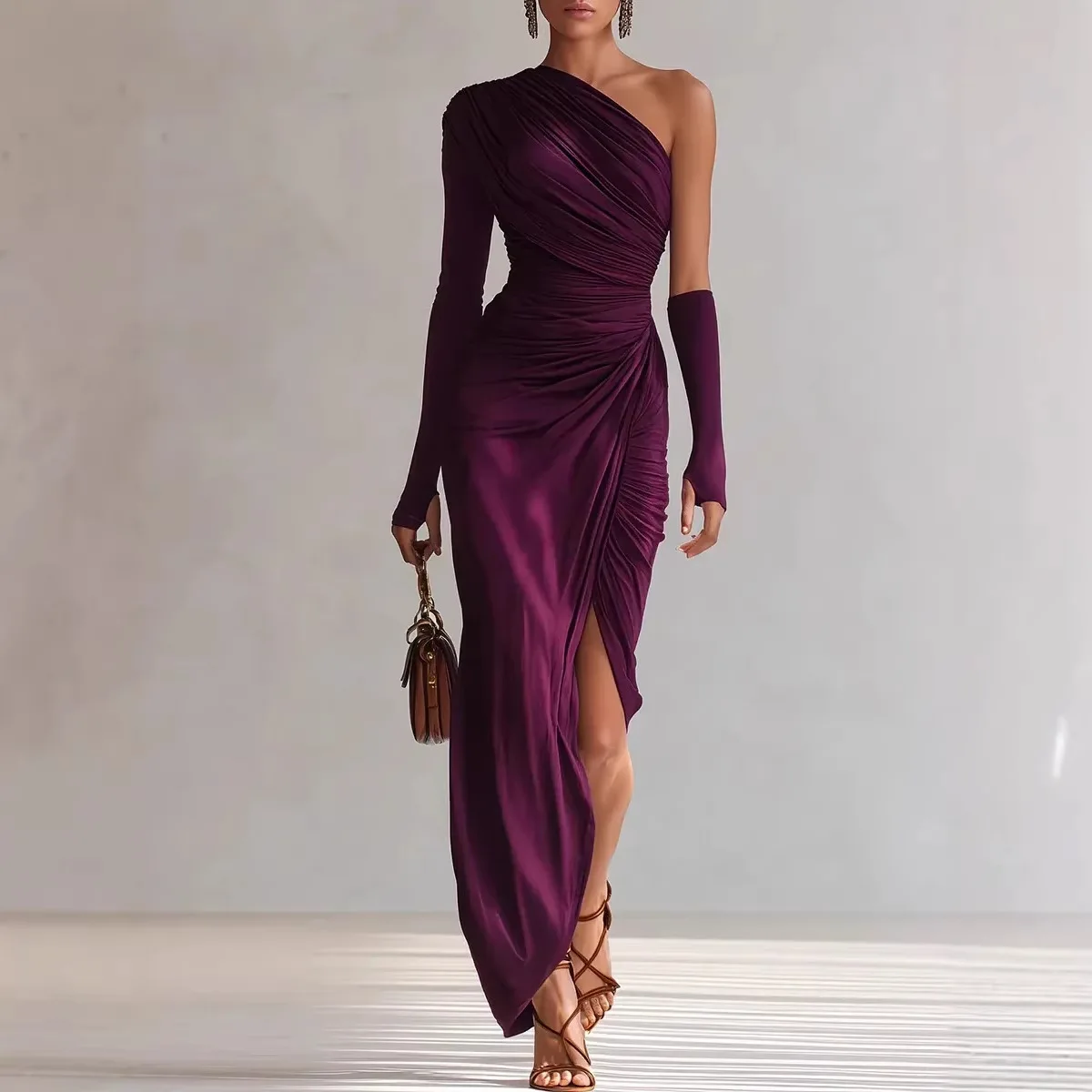 Nouvelle Robe de Soirée Élégante Printemps-Été 2026 Asymétrique à Une Épaule, Coupe Sirène Ajustée, avec Plis à la Taille et Fente Haute