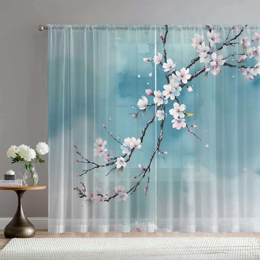 2PCS Home decoration printed window screens, blue and white flowers, with pole bags, suitable for kitchens, cafes, living room