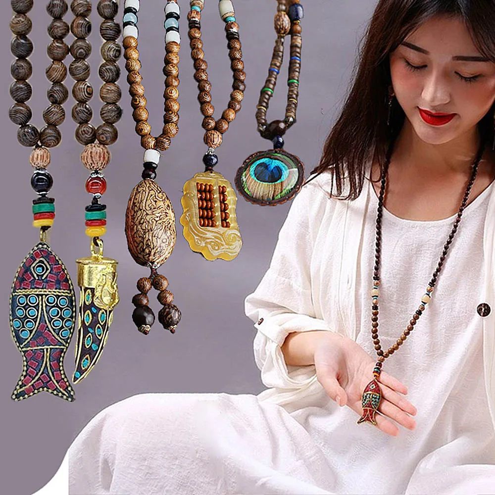 

Ethnic Handmade Nepal Jewelry Mala Horn Necklace Wood Beads Pendant Long Necklace