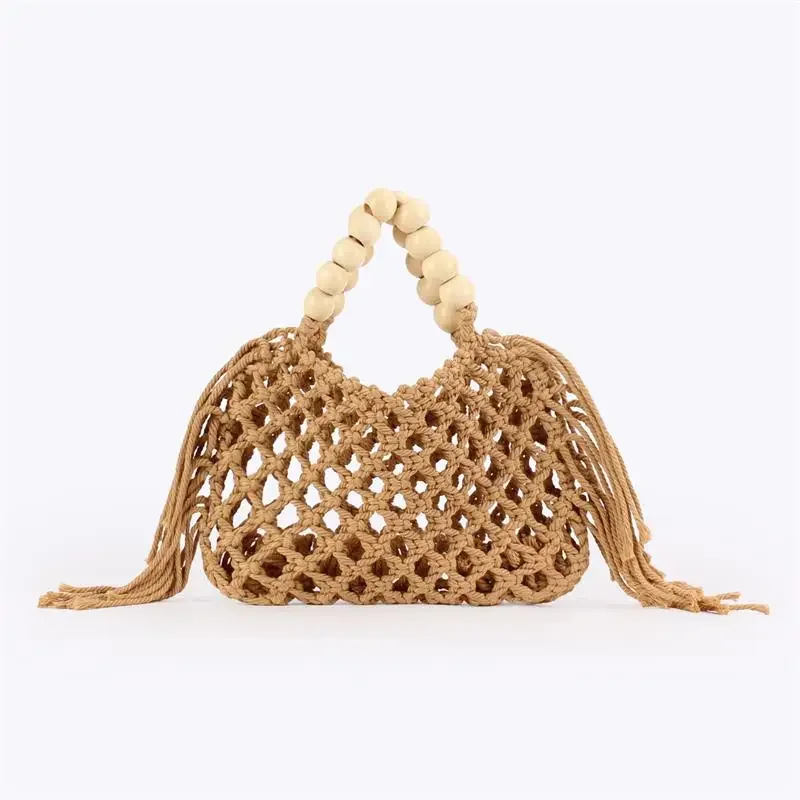 Boho Häkel-Handtasche mit Aushöhlungen und Quasten, Holzperlen-Griff, Gewebte Strandtasche, Sommer-Urlaub Strohtasche, Damen Casual Schultertasche – Detail 20