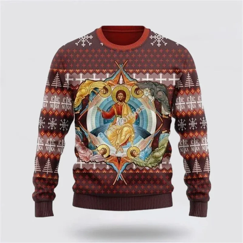 Ugly Christmas Sweater 3D Funny Jesus Printed Holiday Party Sweatshirt For Christmas Sweater Men Casual Long Sleeve Pullover Top