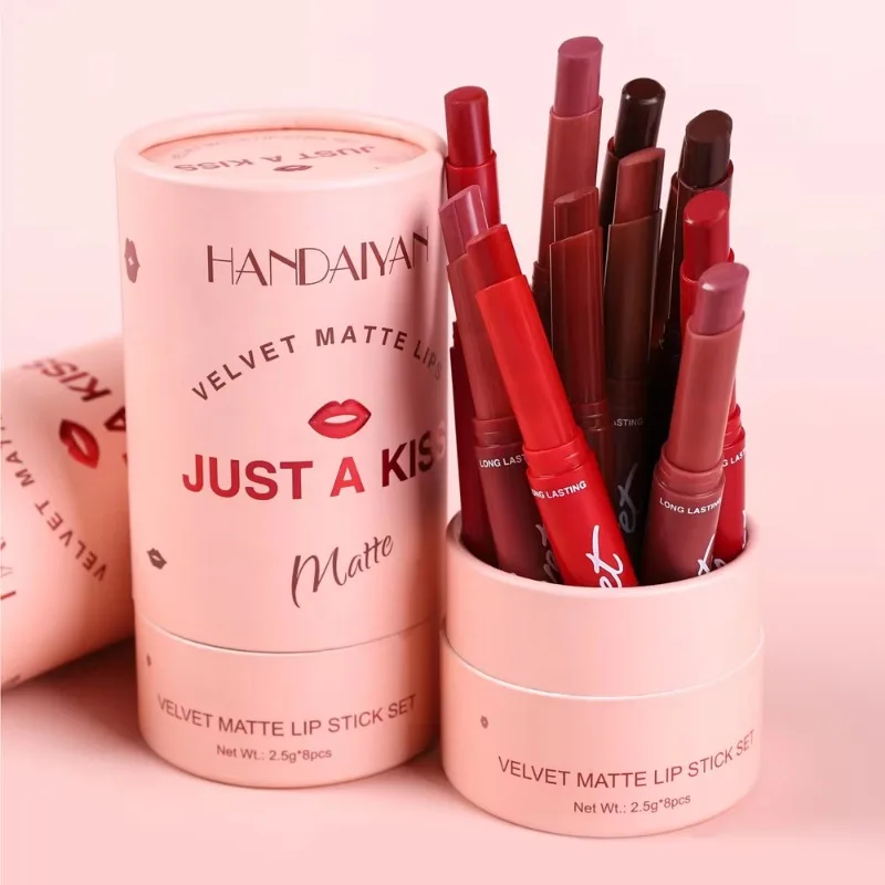 8 ชิ้น/เซ็ต Matte ลิปสติก Nude Velvet Waterproof Lip Stick ปากกาแต่งหน้าเครื่องสําอางสีชมพู Long Lasting Tinted Lip Balm