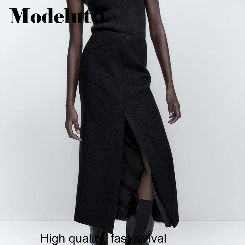 

Winter 2023 Autumn Fashion New High Waist Elegant Tweed Skirt Slit Solid Women Simple Casual Bottoms Female Chic