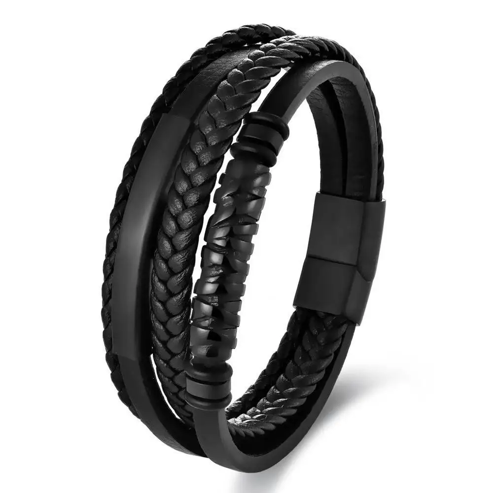 Custom Engraved Name Bracelet Men Multi-layer Braided Leather Punk Bangles Simple Stainless Steel Jewelry Boyfriend Gift