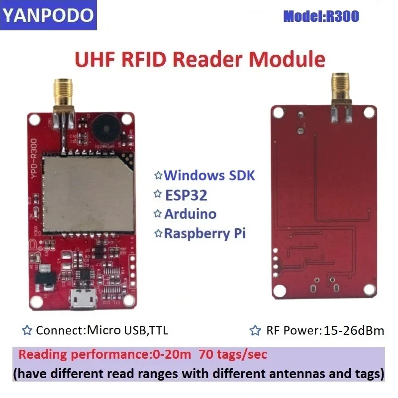 Module de lecteur RFID R300 UHF pour ESP32 Raspberry Pi Arduino TTL UART contrôle d'accès antenne longue portée 0-9dBi SDK gratuit inclus