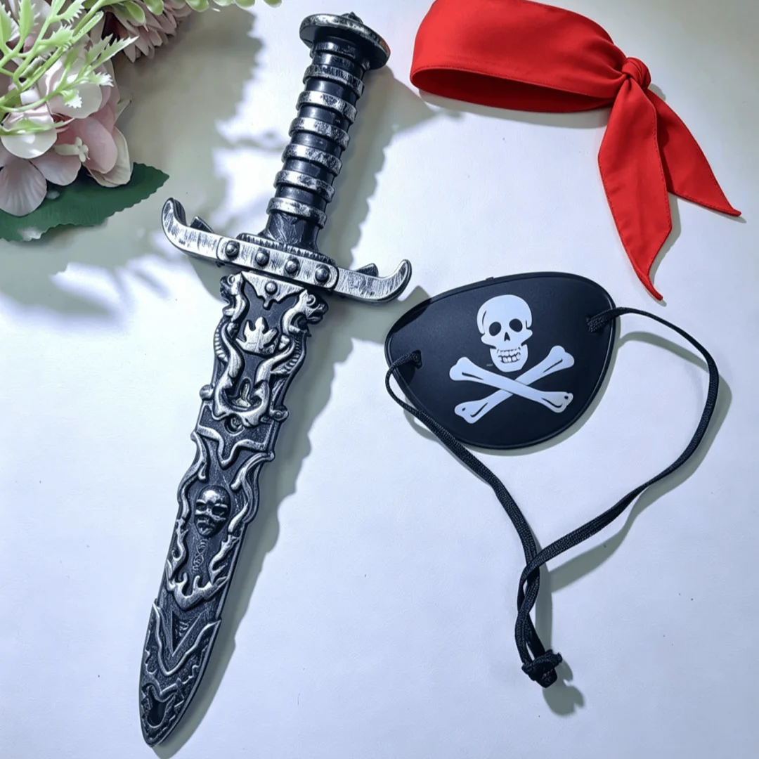 Pirate 3-piece Set, Red Headscarf, Skull Eye Patch, Vintage Plastic Dagger, Halloween Party Costume Props, Caribbean Pirate Cosp