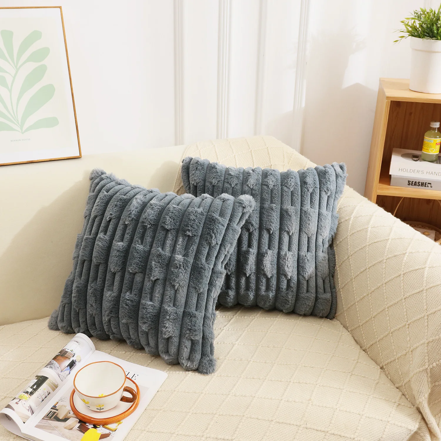 Rabbit Fur Soft Cozy Cushion Cover Soft Warm Plush Pillowcase Living Room Luxury Boho Striped Decorative Cushion Covers