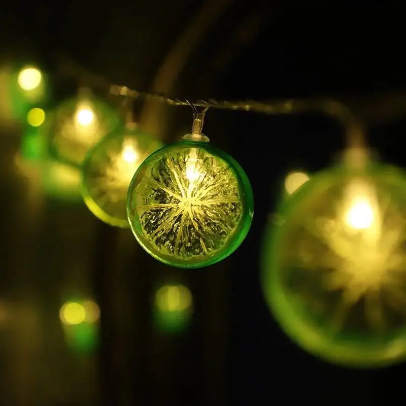 Green Lemon LED String Lights, atmosfera interior, decoração de Natal, luzes de bateria, festa, Happy New Year Room, 087