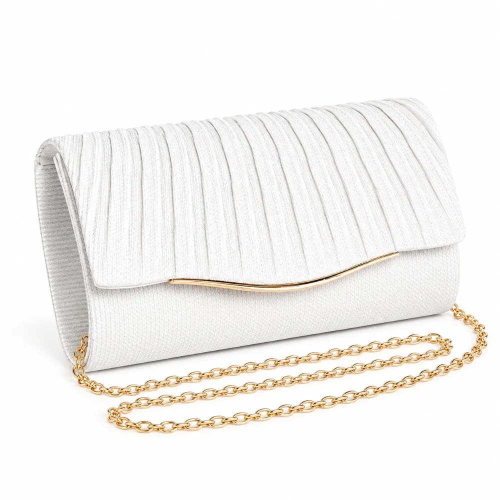 Pleated Flap Wedding Bag Detachable Chain Strap Foldover Closure Evening Clutch Bag Elegant Style Glitter Fabric